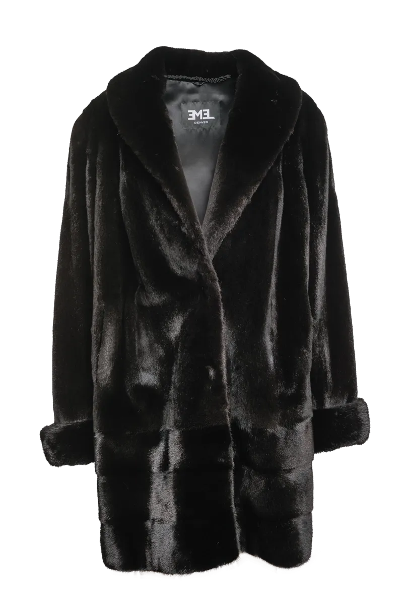 Plus Size Fashionable Mid Length Mink Fur Coat - Shawl Collar - Horizontal Hem