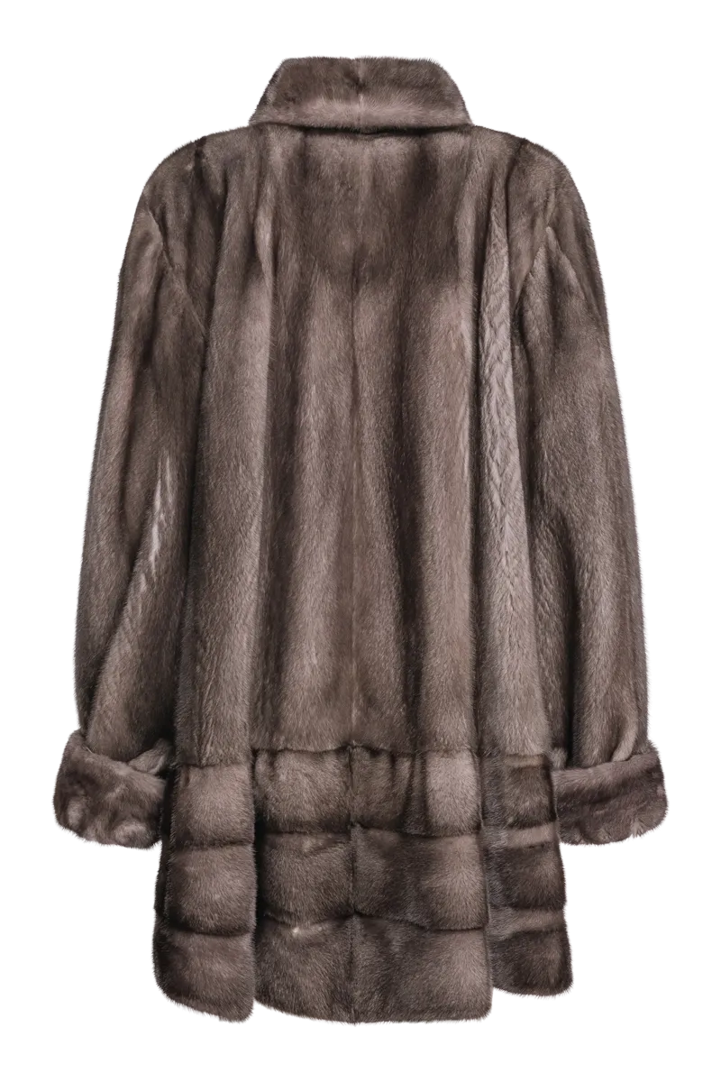 Plus Size Fashionable Mid Length Mink Fur Coat - Shawl Collar - Horizontal Hem