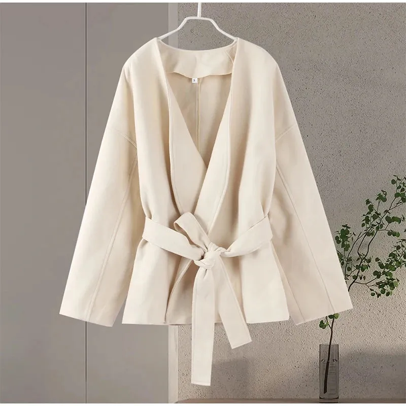 Solid Women's Woolen Coat Elegant V-neck Belts Chic Long Sleeve Jacket Casual 2024 Autumn Lady Office Street Lady Outerwear Tops