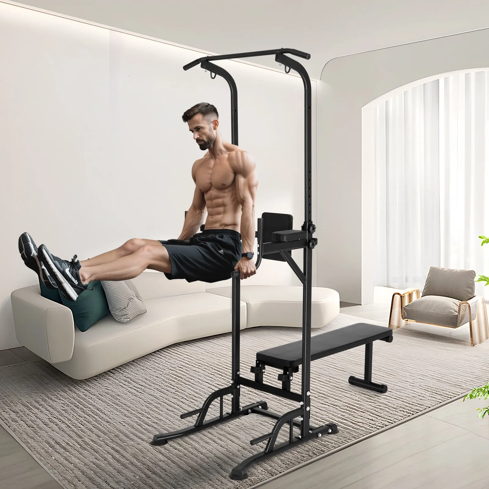 Vevor Power Tower 440 Lbs Capacity Height Adjustable Pull Up Bar with Dip Station and Bench New