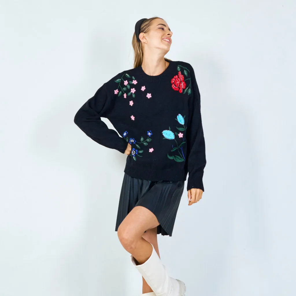 Vibrant floral applique sweater wholesale