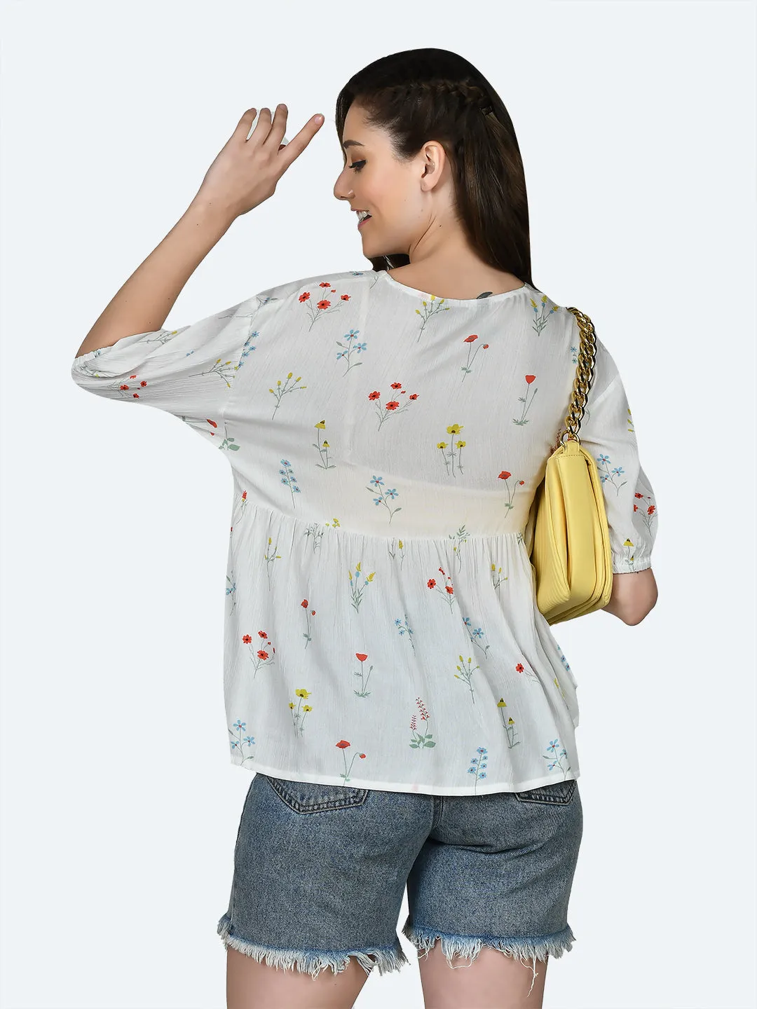 White Printed Frill Top