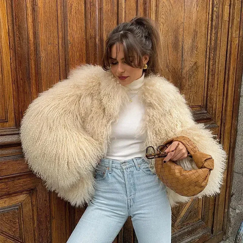 Women Elegant Solid Plush Faux Fur Short Coats Fashion Lapel Full Sleeves Thick Jacket Autumn 2024 Winter Female Casual Outwear