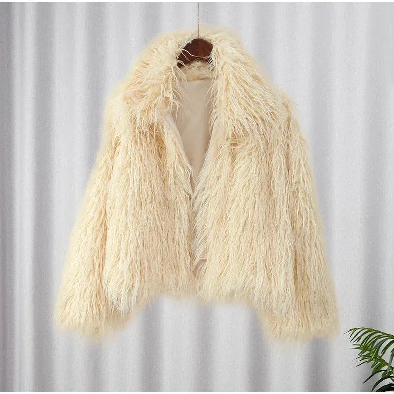 Women Elegant Solid Plush Faux Fur Short Coats Fashion Lapel Full Sleeves Thick Jacket Autumn 2024 Winter Female Casual Outwear