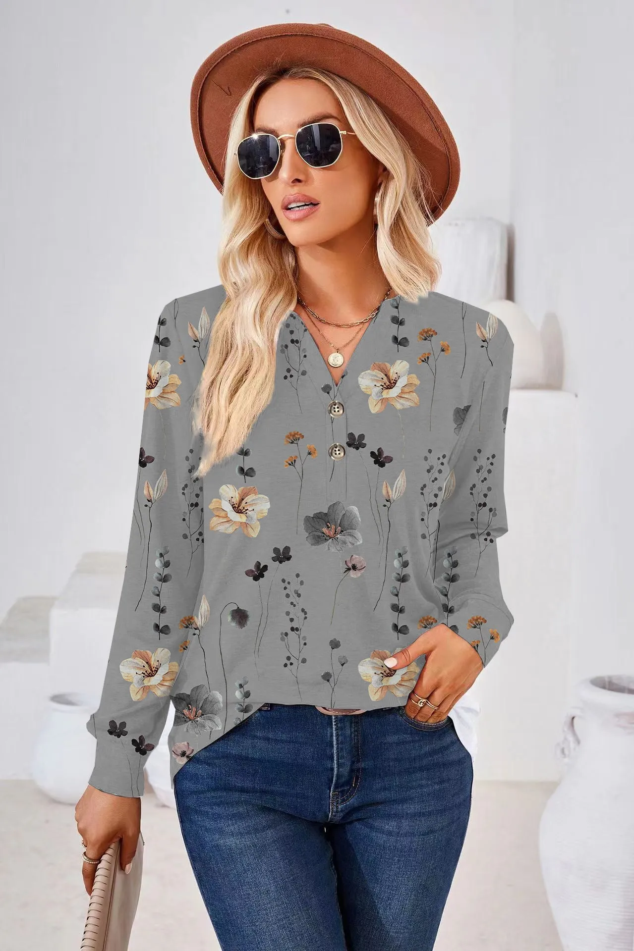 Women's Fashion Casual Printing Button Long Sleeve Blouses