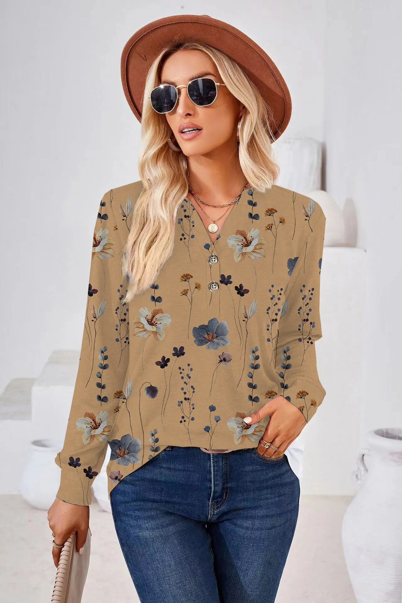 Women's Fashion Casual Printing Button Long Sleeve Blouses