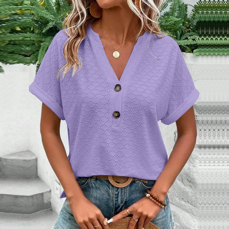 Women's Fashion Casual Solid Color Buttons T-shirt Blouses