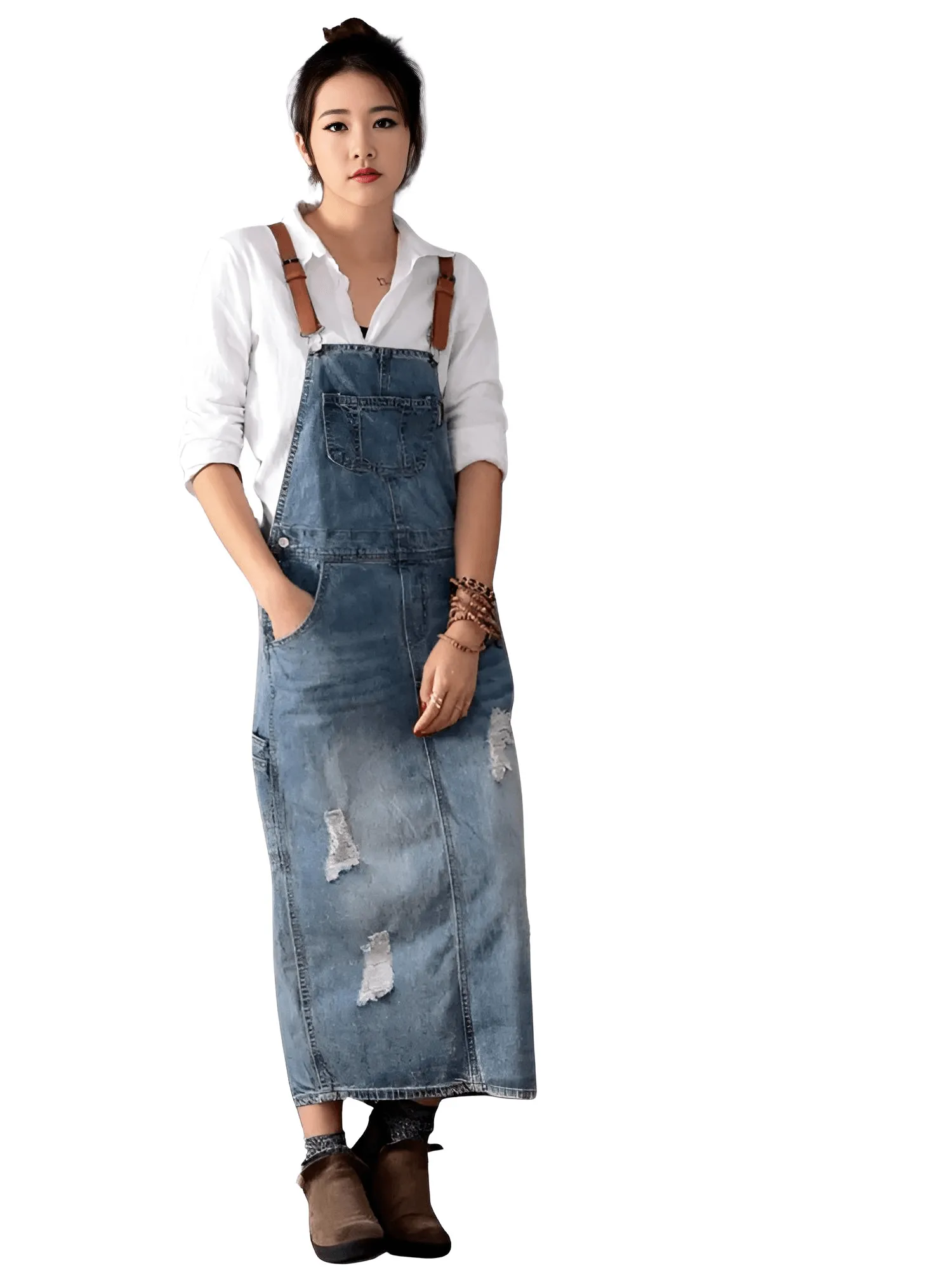 Women's Loose Denim Dress Ladies Bleached Holes Denim Dress Female Ripped Vintage Denim Dresses