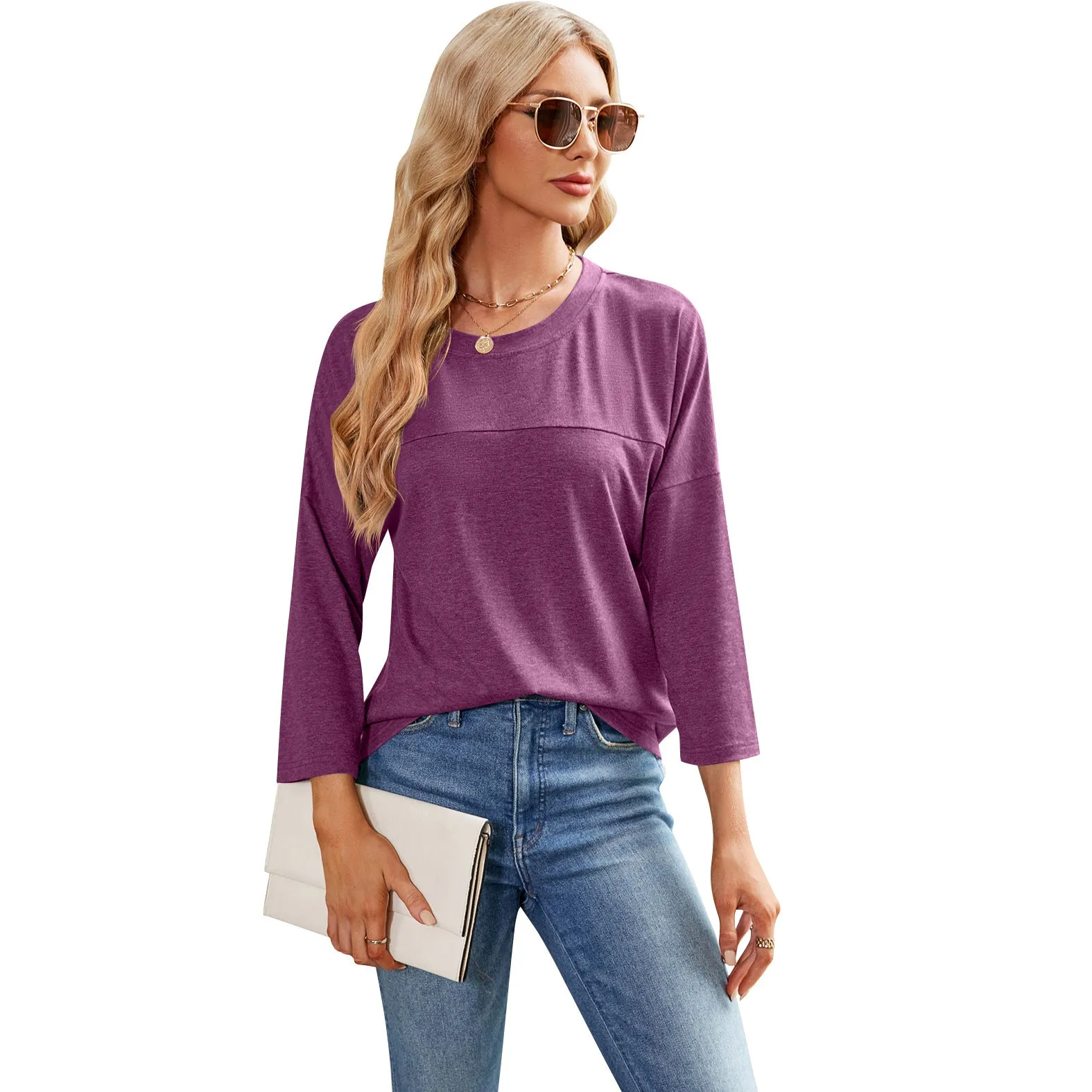 Women's Solid Color Casual Sleeve Round Neck Blouses