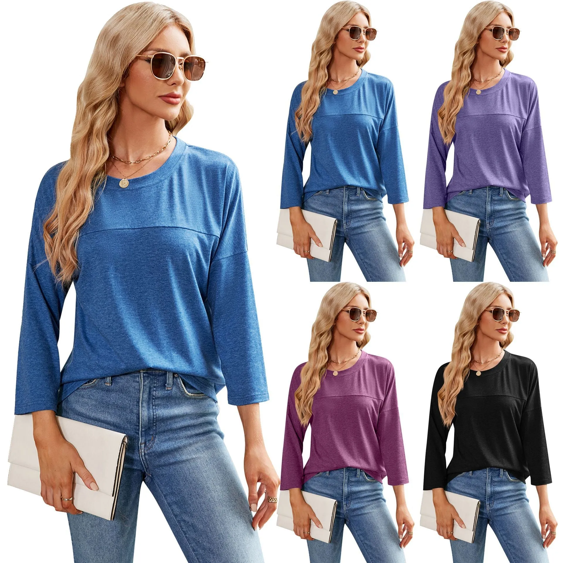 Women's Solid Color Casual Sleeve Round Neck Blouses