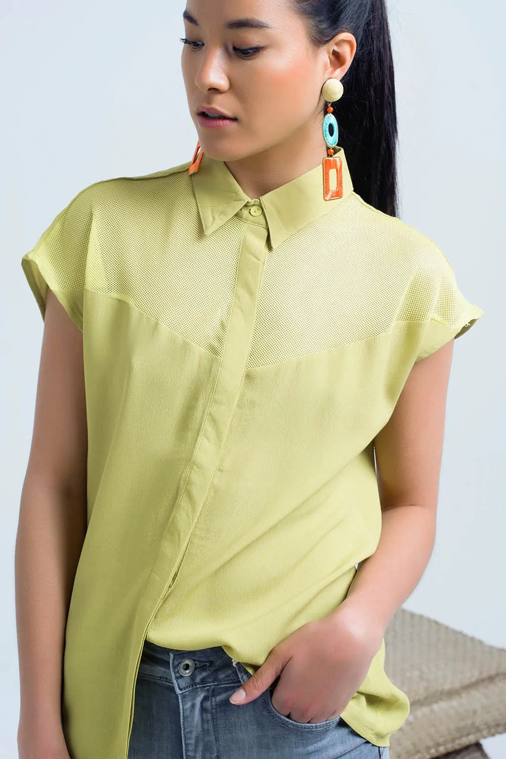 Yellow shirt with mesh detail